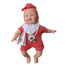 Csecsemő baba - piros ruhában, kopasz, 26 cm 24 hó+